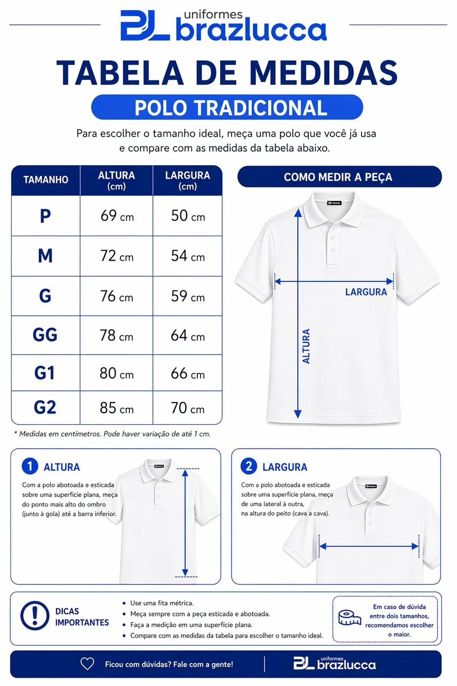 Tabela de medidas da Camisa Polo Piquê Masculina