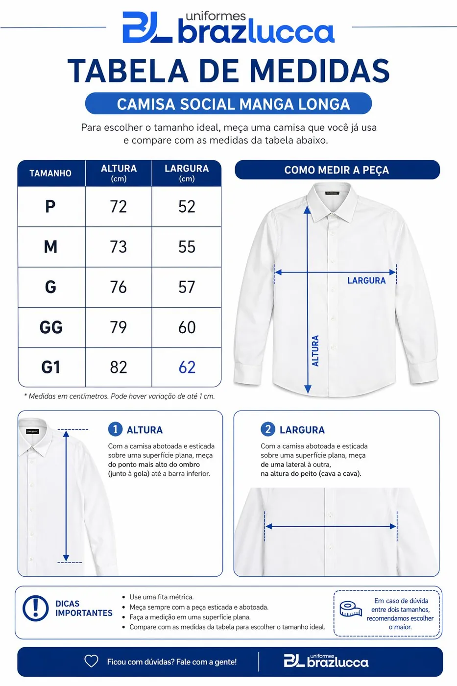 Tabela de medidas da Camisa Social Masculina